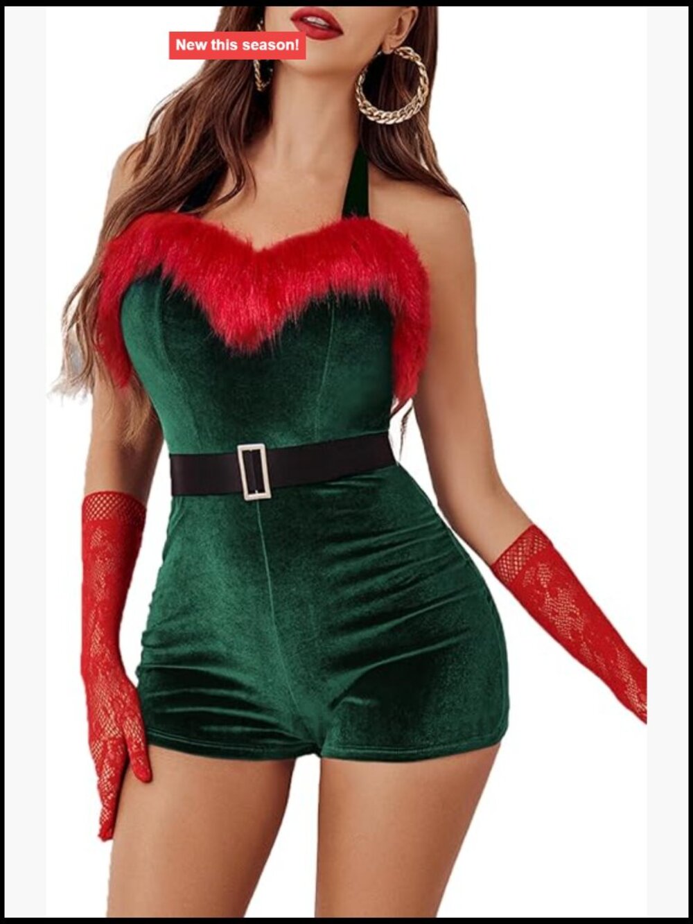 Velvet Christmas Romper Halter V-Neck Short Sleeve Bodysuit with Belt